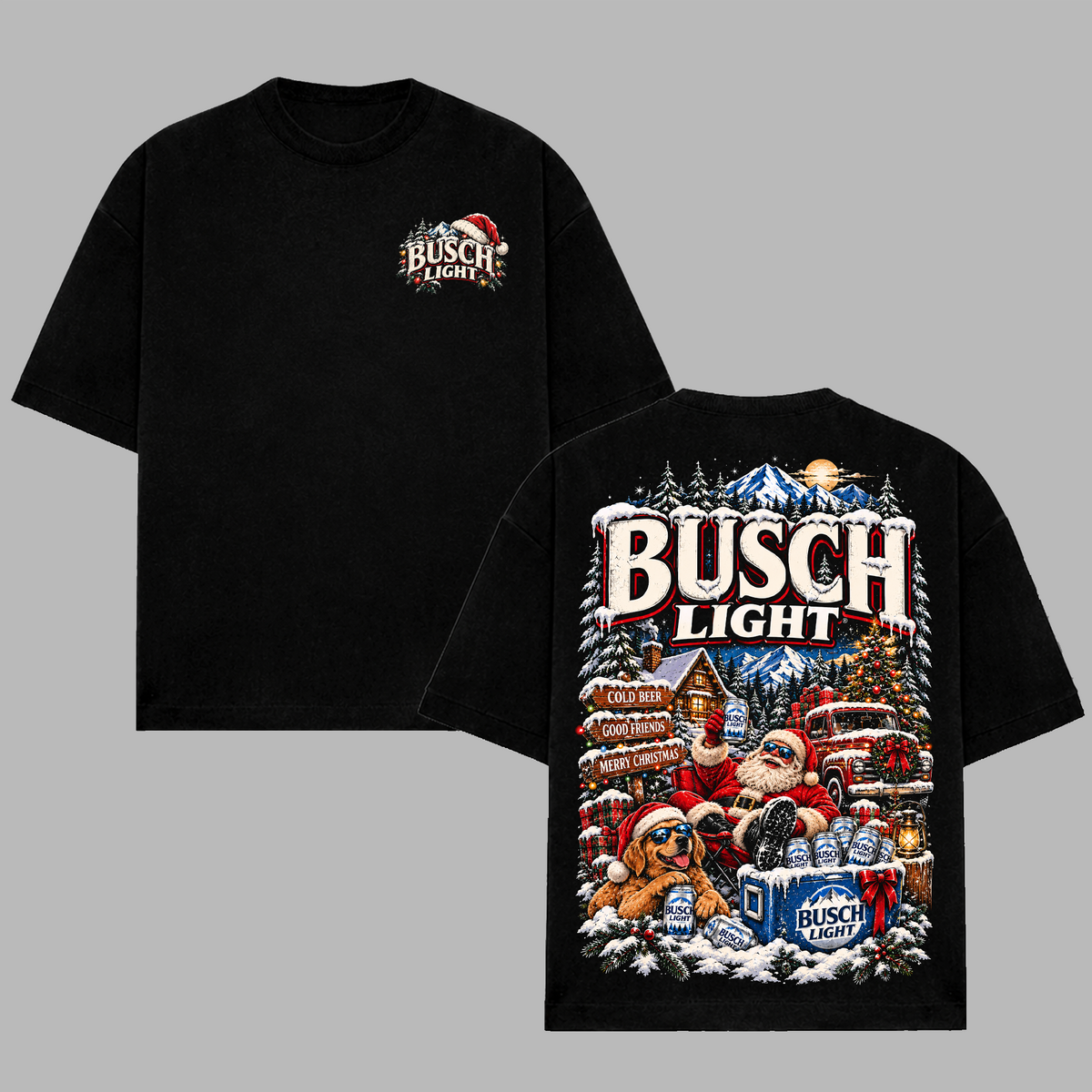 Busch Light Christmas Shirt, Vintage Holiday Beer Graphic Tee, Santa Claus Winter Mountain T-Shirt, Cold Beer Good Friends Christmas, Funny Xmas Drinking Gift