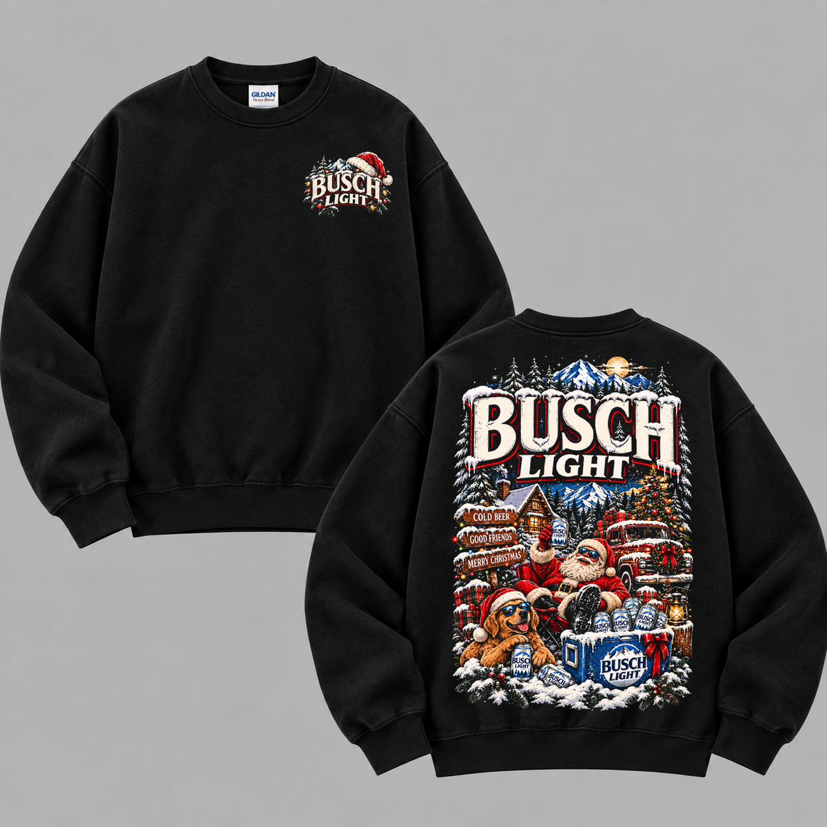 Busch Light Christmas Shirt, Vintage Holiday Beer Graphic Tee, Santa Claus Winter Mountain T-Shirt, Cold Beer Good Friends Christmas, Funny Xmas Drinking Gift