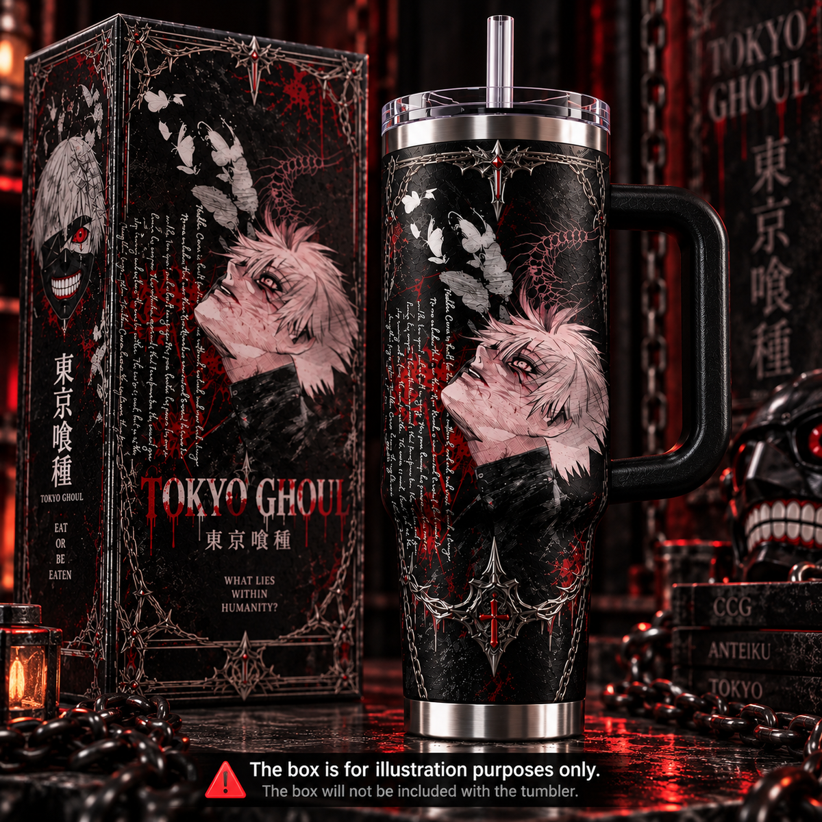 Gothic Anime Inspired 40oz Tumbler with Handle & Straw, Dark Red Black Manga Character Travel Cup, Horror Fantasy Insulated Mug, Otaku Gift, Alternative Anime Lover Drinkware, Birthday Halloween Gift for Him & Her